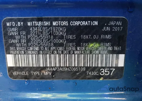 2017 Mitsubishi Outlander Sport 2.0 Es/2.0 Le z USA, uszkodzony, nr VIN JA4AP3AU9HZ065109